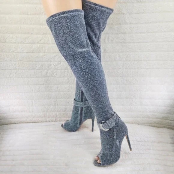 Glamour Chic Silver Metallic Thread Stretch Over The Knee 4" High Heel Boots - Picture 4 of 6